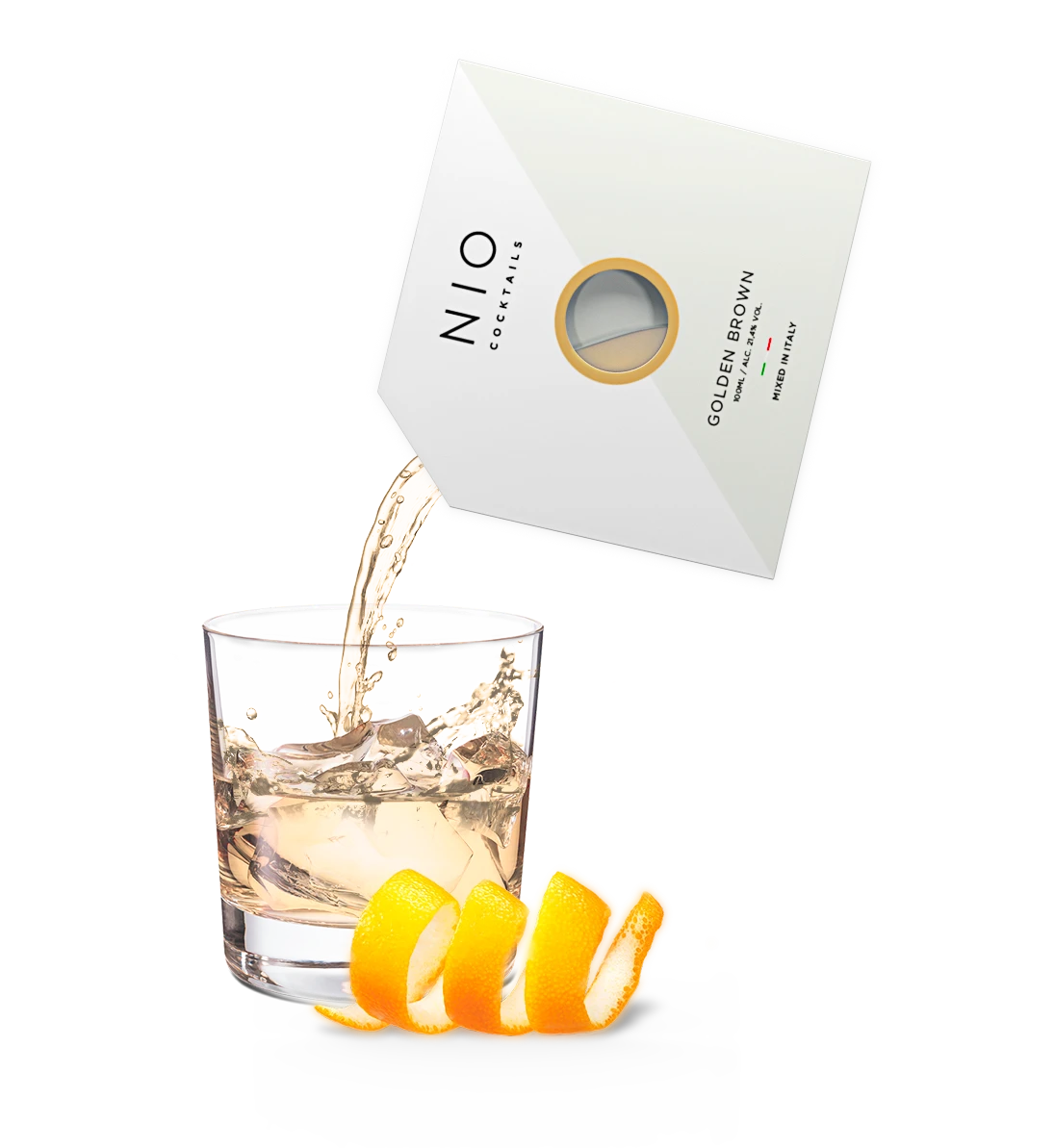 pouring easy to serve brown gold cocktail into glass with ice and orange by NIO Cocktails UK