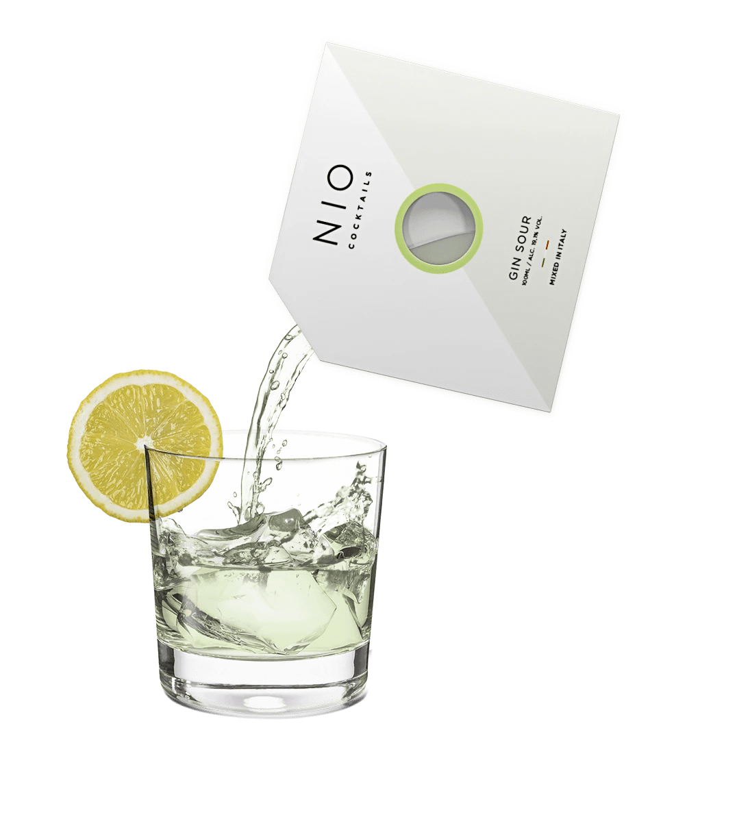 pouring easy to serve cocktail into glass with ice and lemon by NIO Cocktails UK