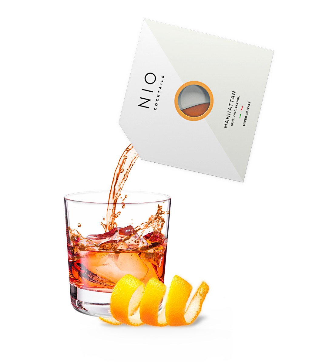 pouring easy to serve manhattan cocktail into glass with ice and orange by NIO Cocktails UK