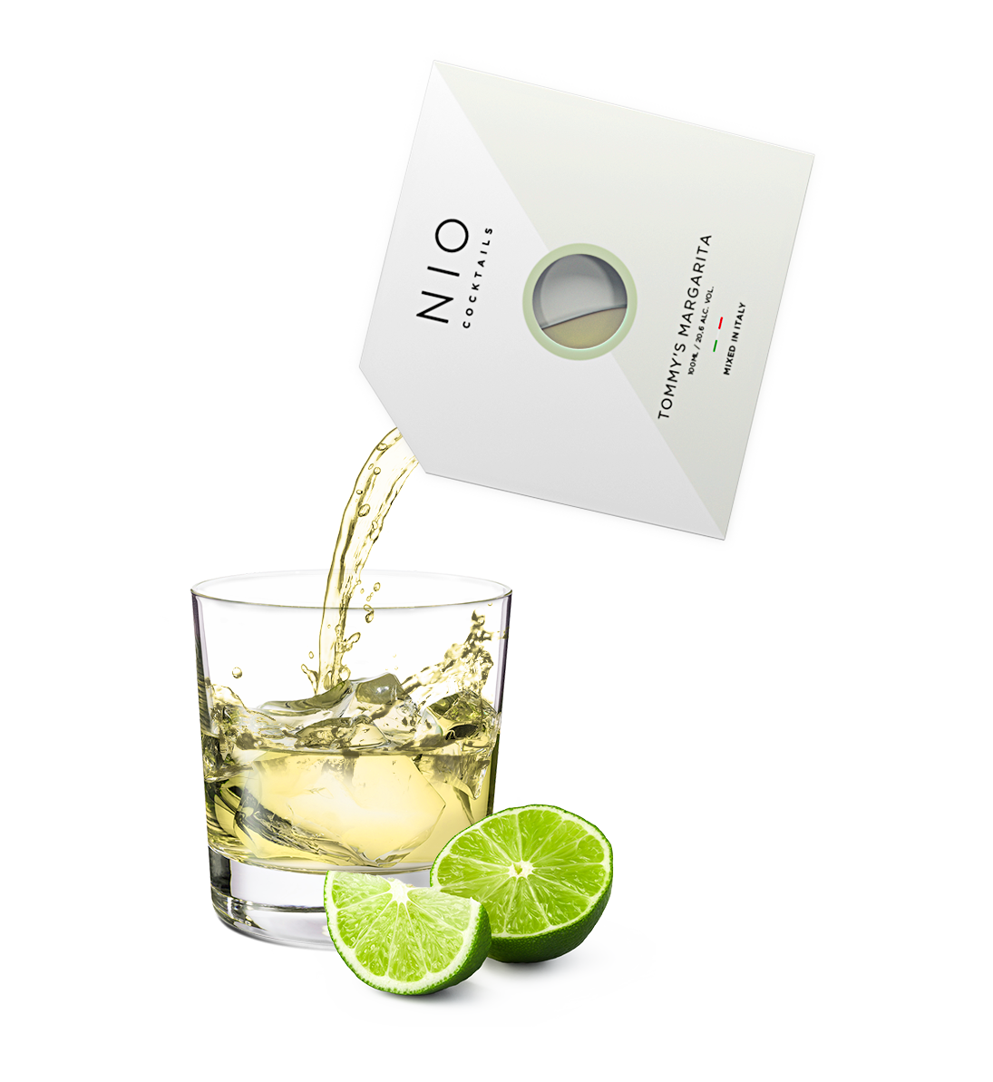 pouring easy to serve margarita cocktail into glass with ice and lime by NIO Cocktails UK