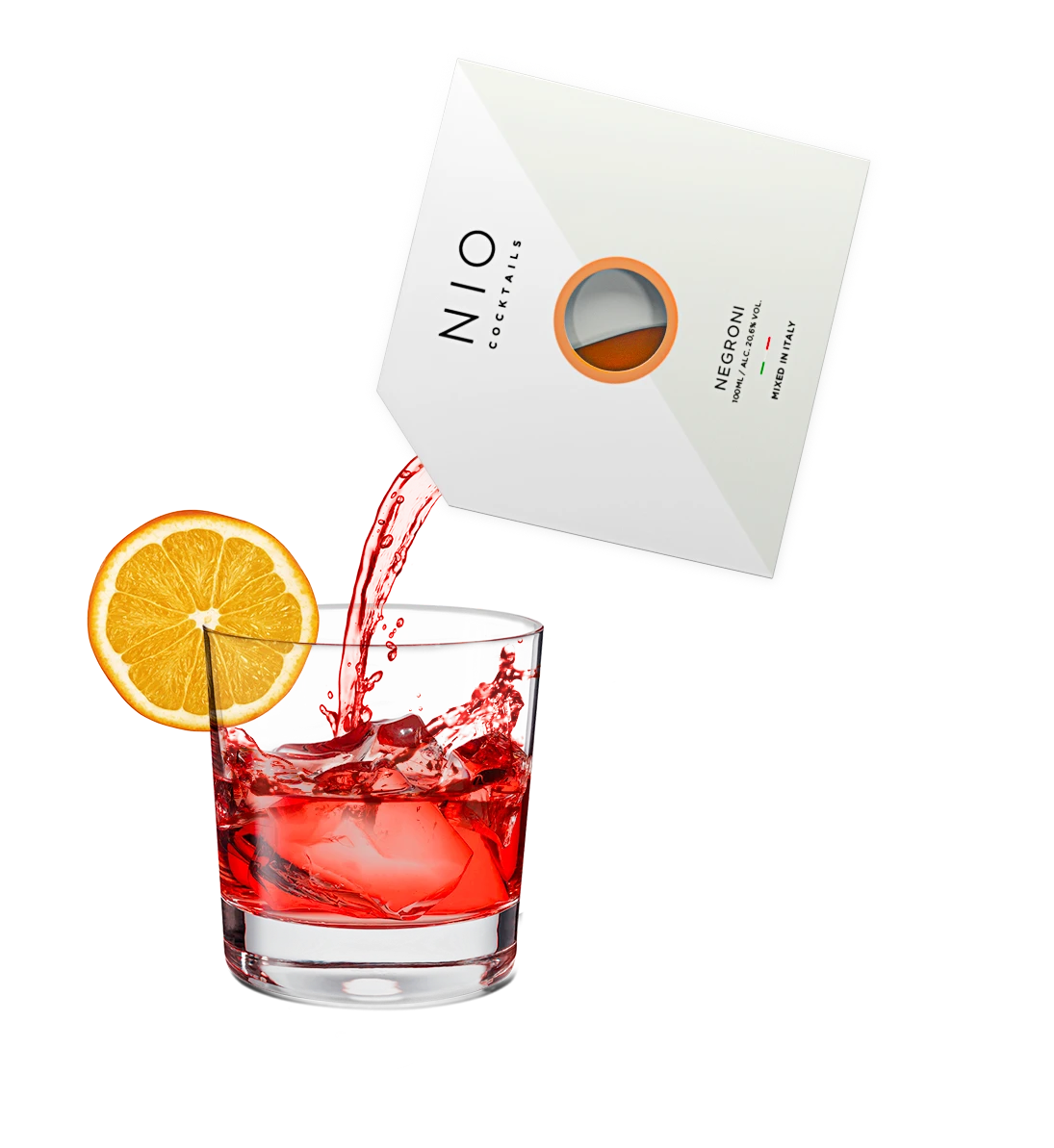 pouring easy to serve negroni cocktail into glass with ice and orange by NIO Cocktails UK