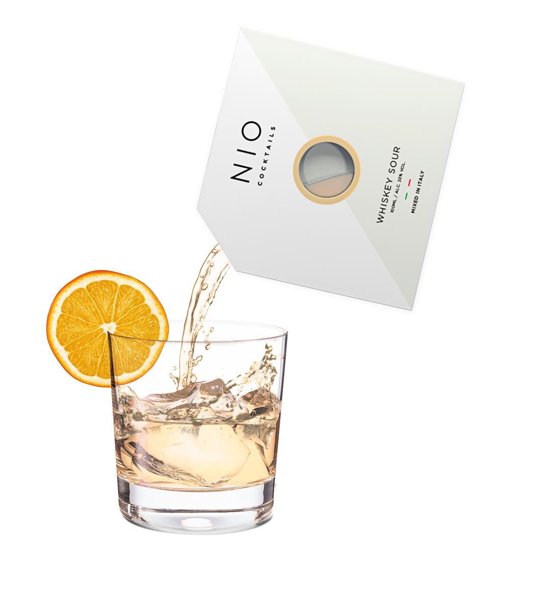 pouring easy to serve whiskey sour cocktail into glass with ice and orange by NIO Cocktails UK